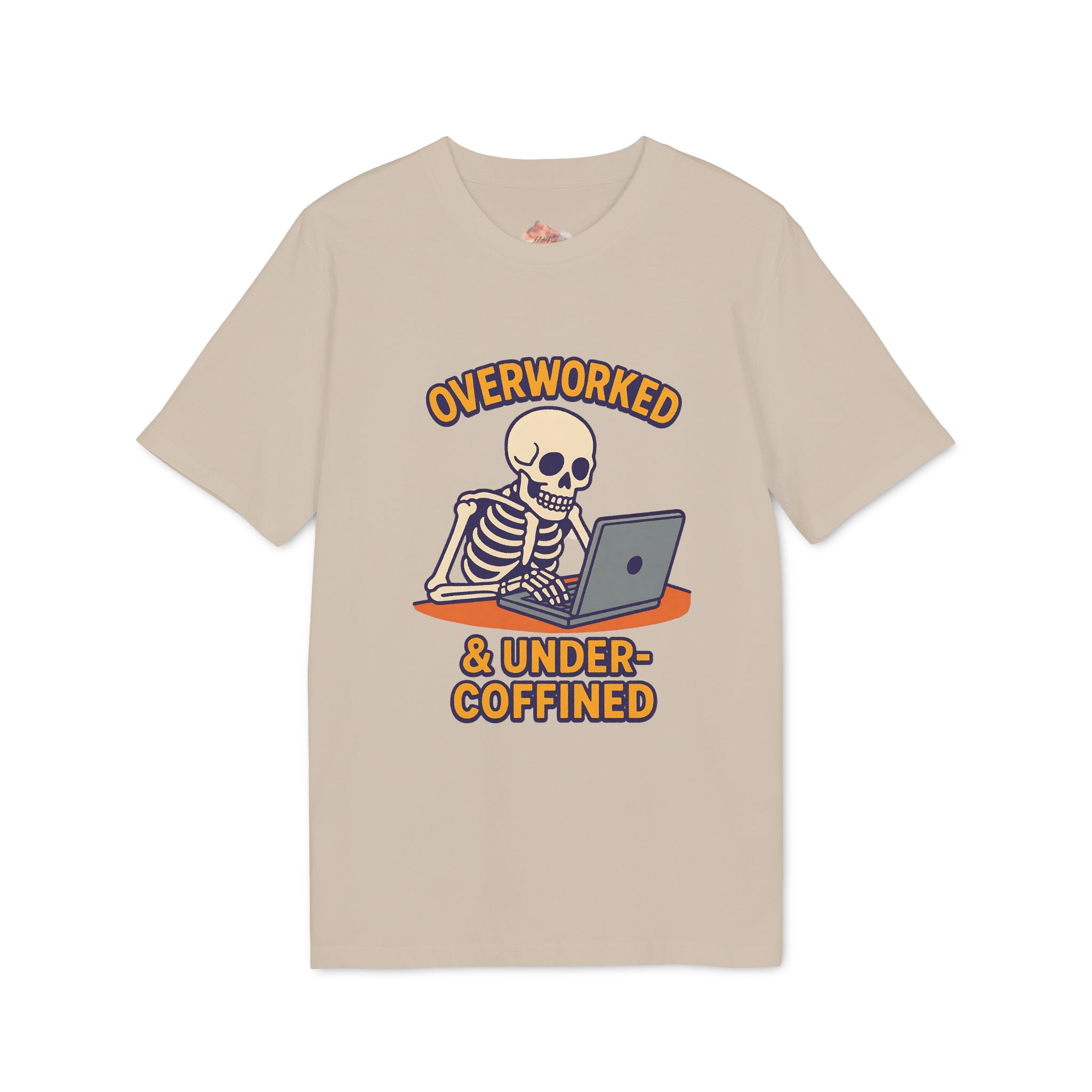 Unisex Skeleton Humor T-Shirt, Cute Overworked & Under-coffined Tee, Funny Graphic Tee, Gift for Creators, Casual Wear
