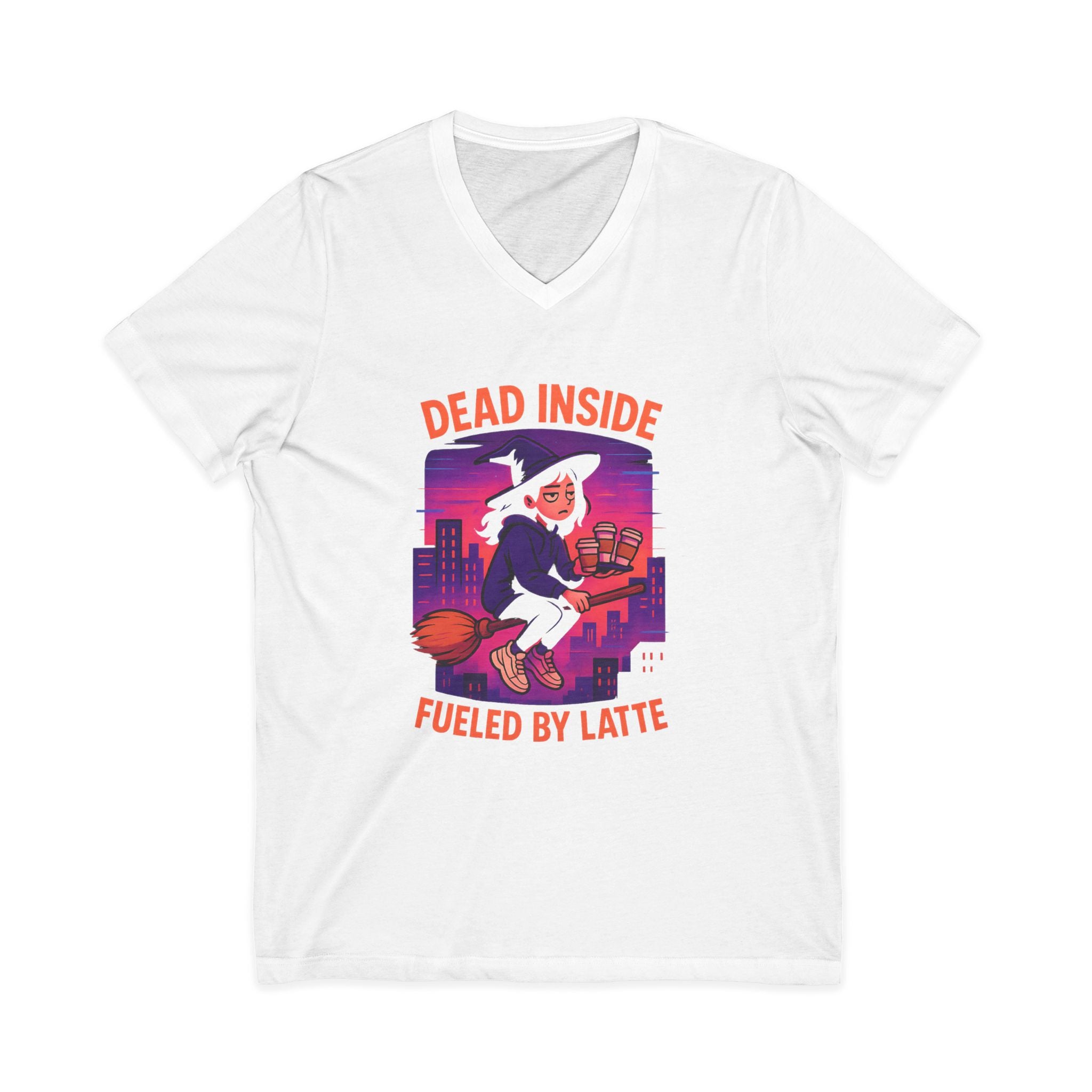 Witchy V-Neck Tee, Dead Inside Fueled by Latte, Unisex Short Sleeve Shirt, Spooky Halloween Apparel, Coffee Lover Gift, Casual Witchwear