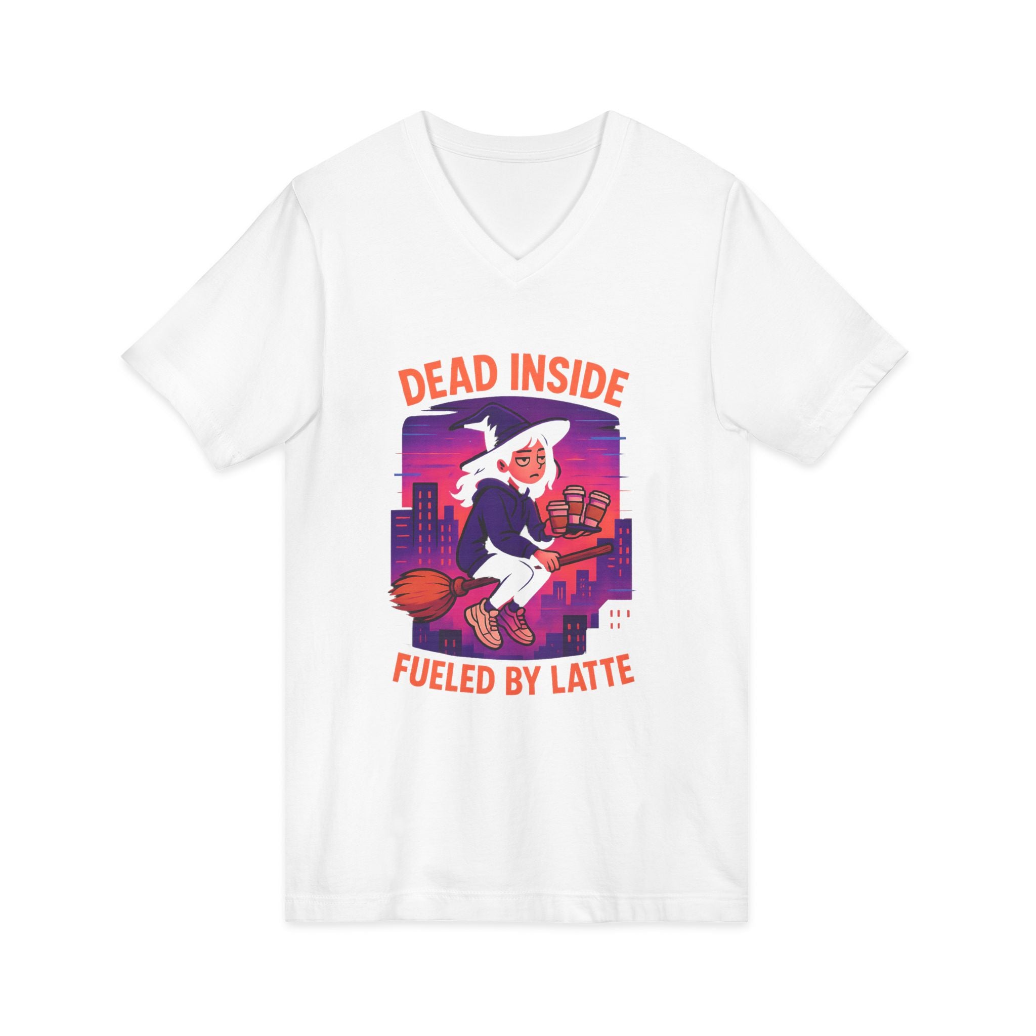 Witchy V-Neck Tee, Dead Inside Fueled by Latte, Unisex Short Sleeve Shirt, Spooky Halloween Apparel, Coffee Lover Gift, Casual Witchwear