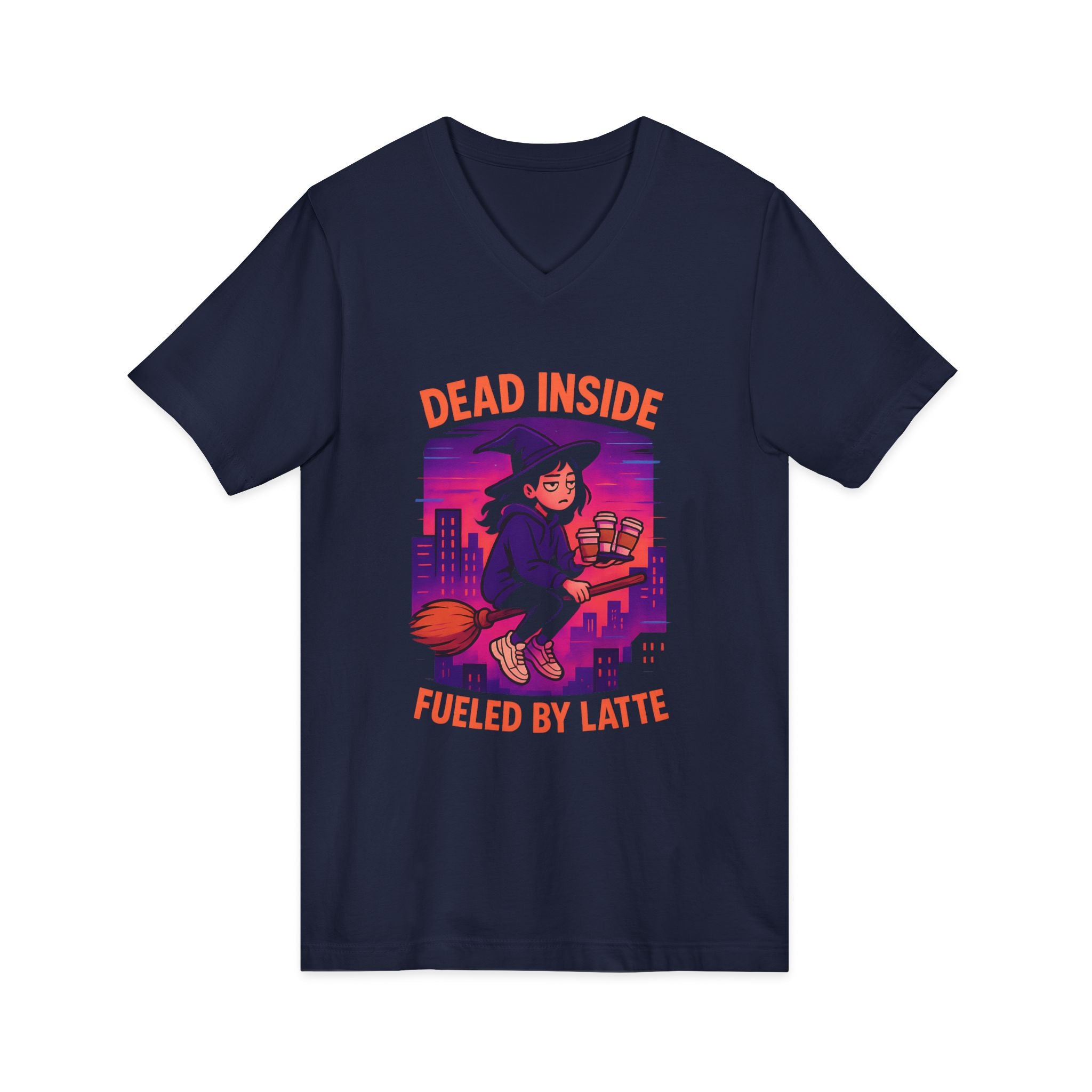 Witchy V-Neck Tee, Dead Inaside Fueled by Latte, Unisex Short Sleeve Shirt, Spooky Halloween Apparel