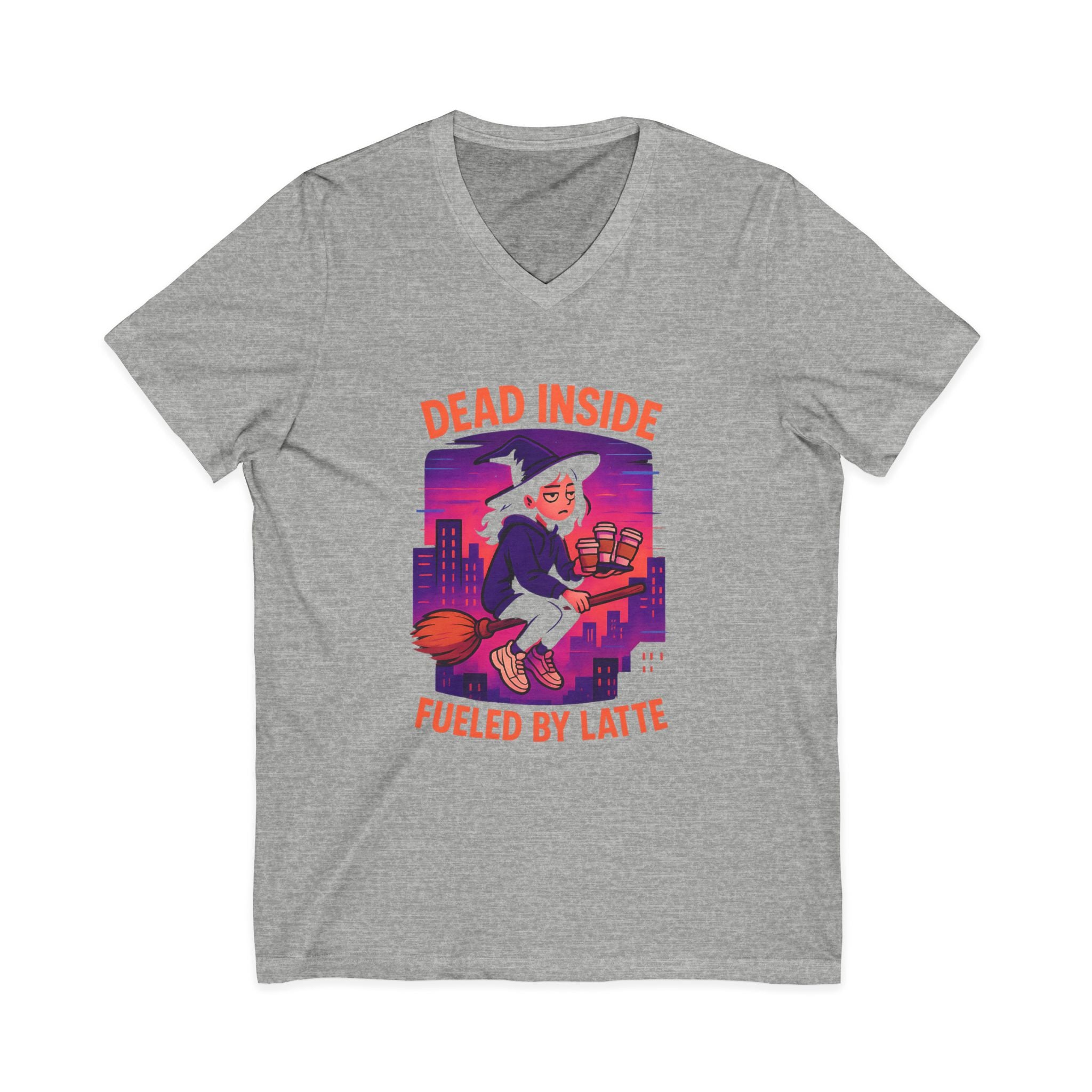 Witchy V-Neck Tee, Dead Inside Fueled by Latte, Unisex Short Sleeve Shirt, Spooky Halloween Apparel, Coffee Lover Gift, Casual Witchwear