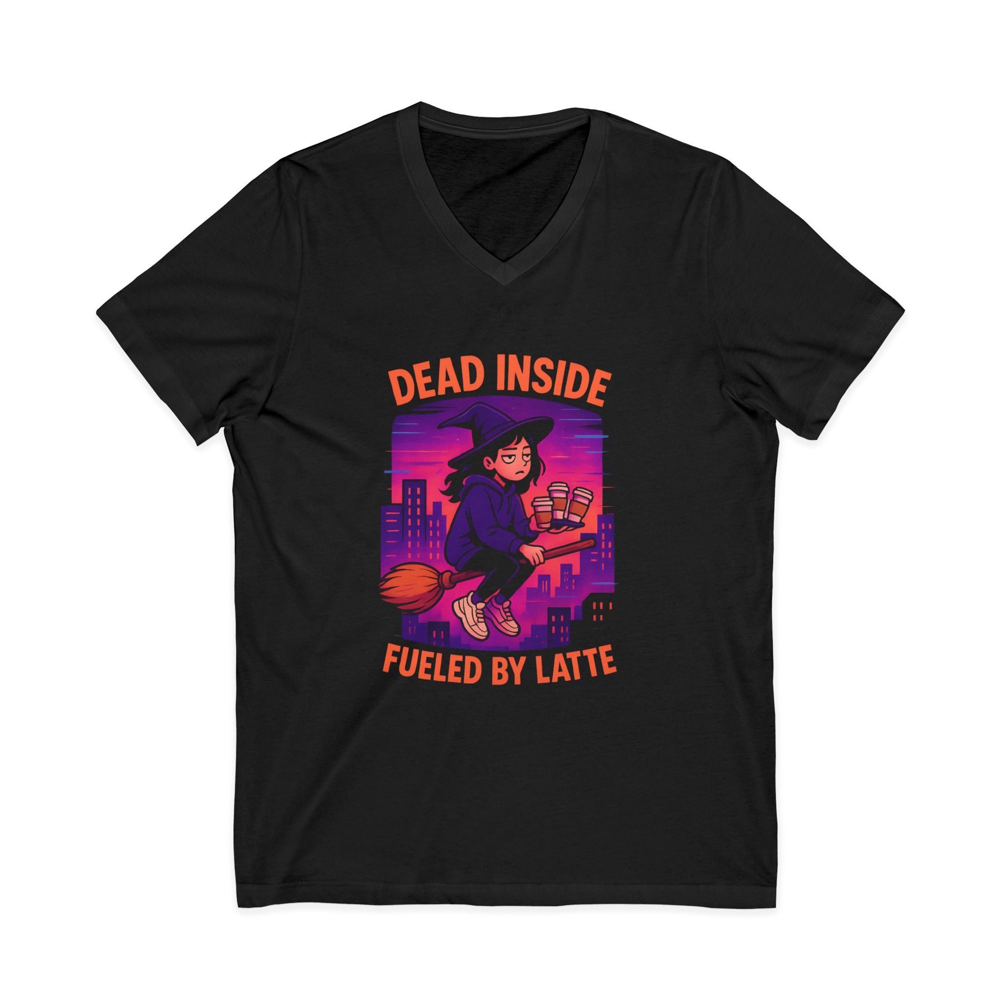 Witchy V-Neck Tee, Dead Inside Fueled by Latte, Unisex Short Sleeve Shirt, Spooky Halloween Apparel, Coffee Lover Gift, Casual Witchwear
