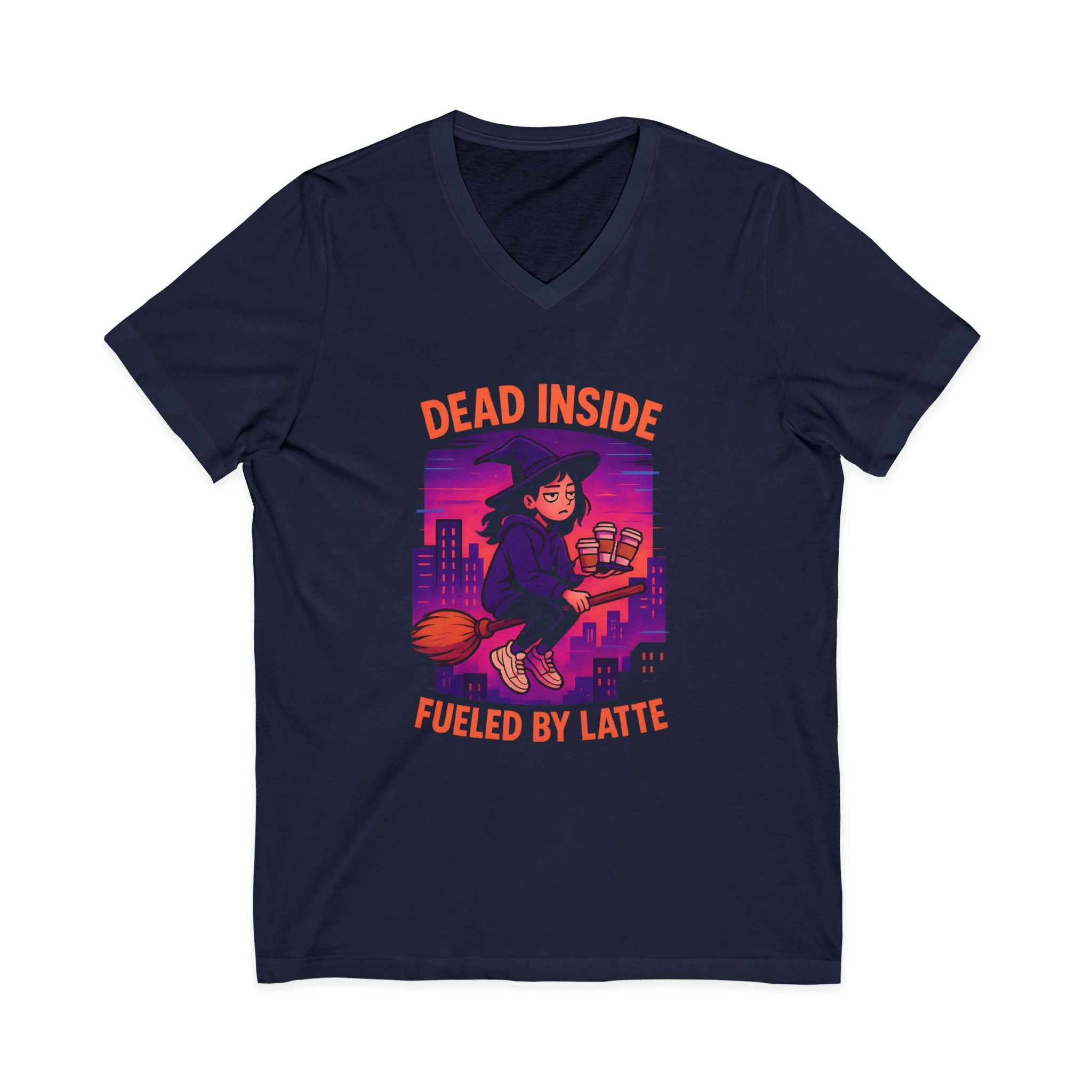 Witchy V-Neck Tee, Dead Inside Fueled by Latte, Unisex Short Sleeve Shirt, Spooky Halloween Apparel, Coffee Lover Gift, Casual Witchwear