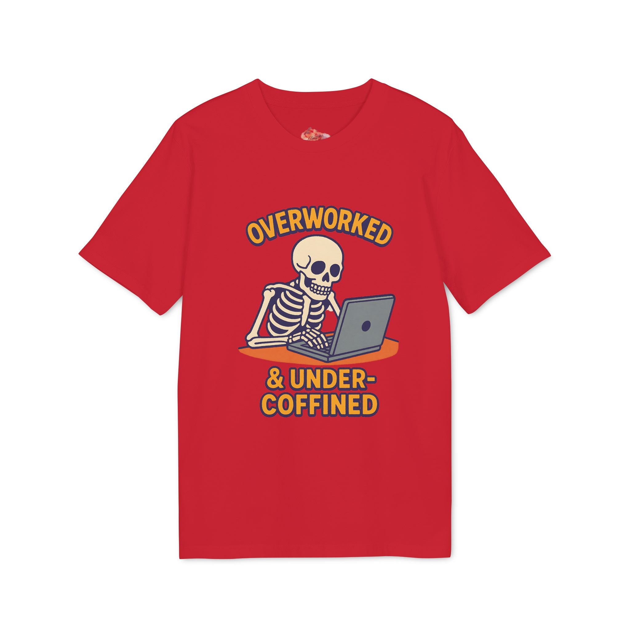 Unisex Skeleton Humor T-Shirt, Cute Overworked & Under-coffined Tee, Funny Graphic Tee, Gift for Creators, Casual Wear