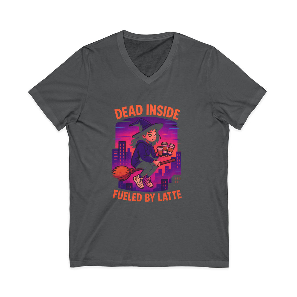 Witchy V-Neck Tee, Dead Inaside Fueled by Latte, Unisex Short Sleeve Shirt, Spooky Halloween Apparel