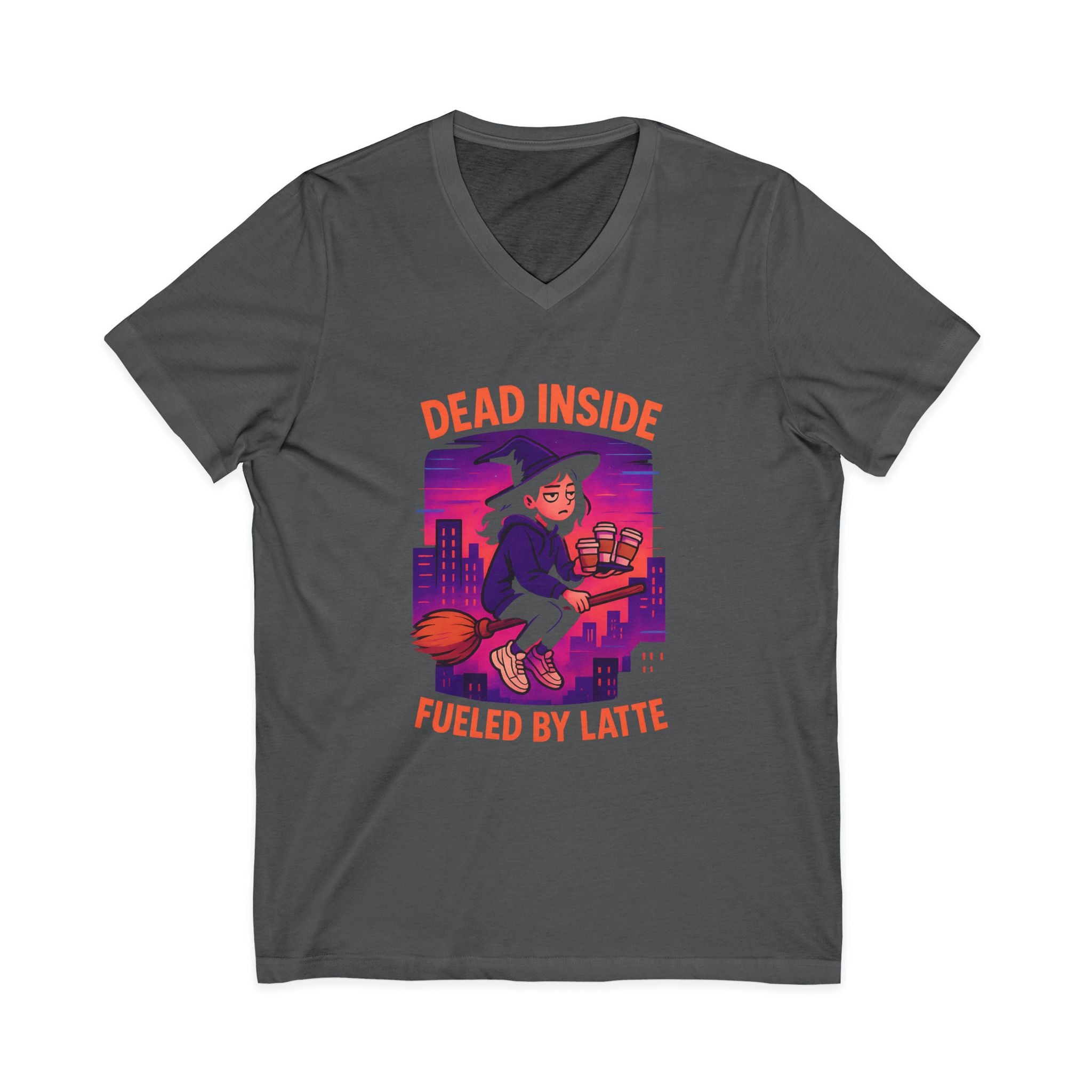 Witchy V-Neck Tee, Dead Inside Fueled by Latte, Unisex Short Sleeve Shirt, Spooky Halloween Apparel, Coffee Lover Gift, Casual Witchwear