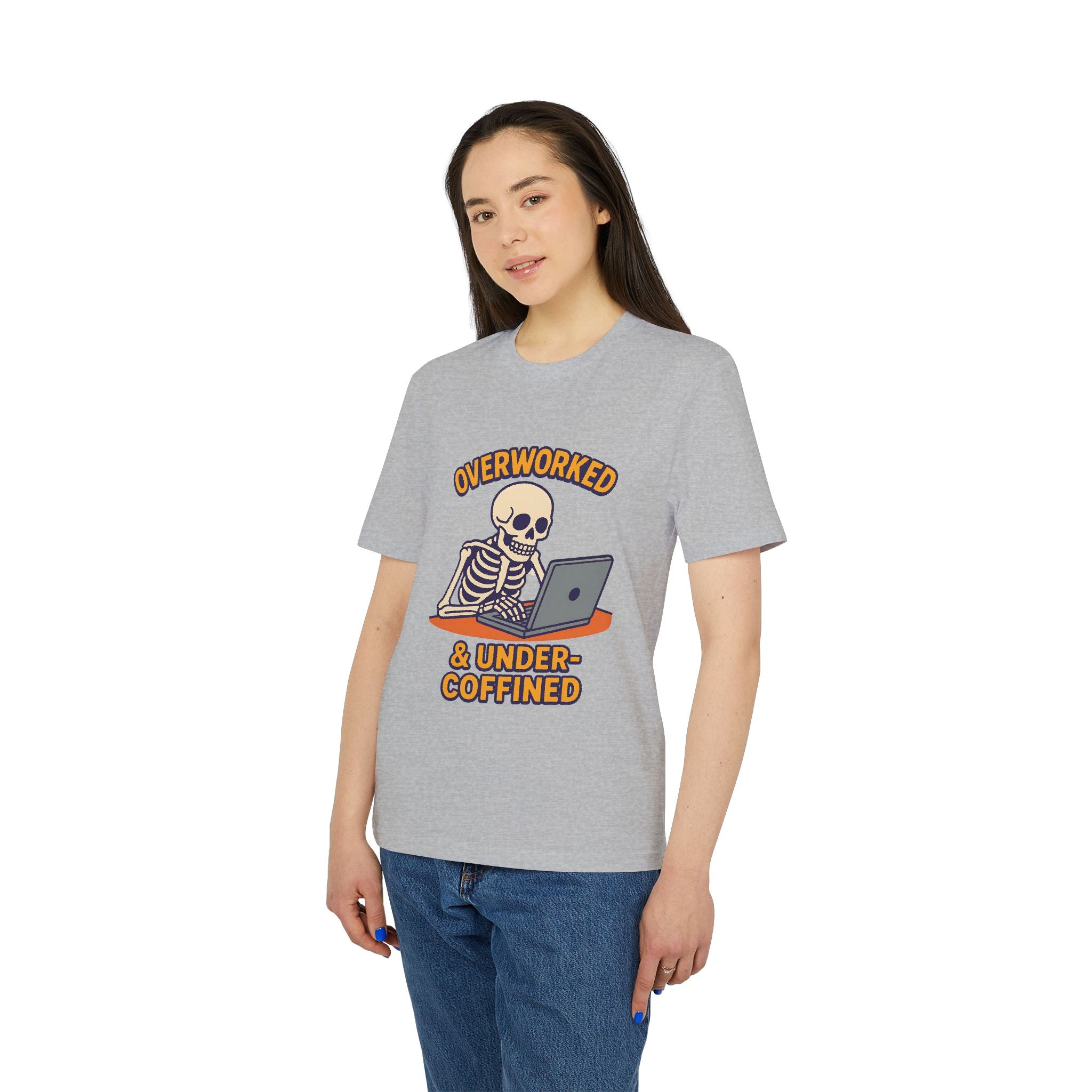 Unisex Skeleton Humor T-Shirt, Cute Overworked & Under-coffined Tee, Funny Graphic Tee, Gift for Creators, Casual Wear