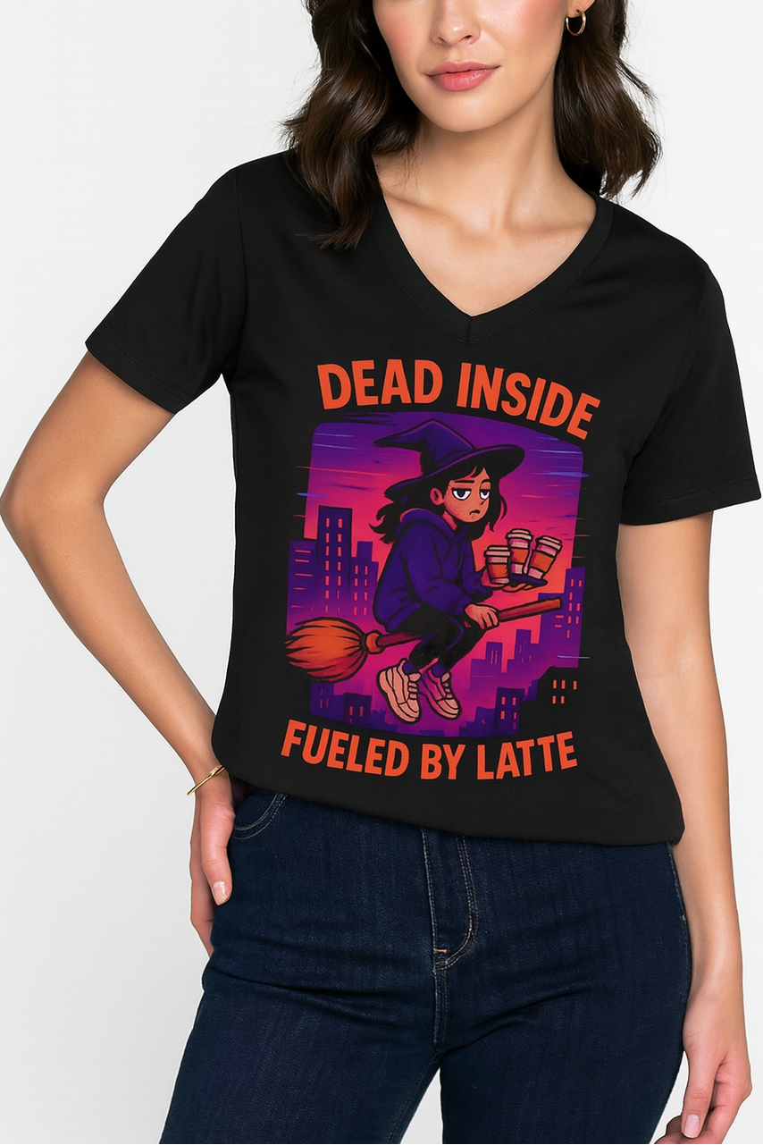 Witchy V-Neck Tee, Dead Inaside Fueled by Latte, Unisex Short Sleeve Shirt, Spooky Halloween Apparel