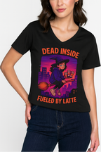 Witchy V-Neck Tee, Dead Inaside Fueled by Latte, Unisex Short Sleeve Shirt, Spooky Halloween Apparel